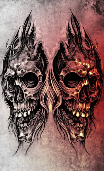Bosquejo de arte del tatuaje, ilustración de la cabeza del cráneo, sobre pap colorido —  Fotos de Stock