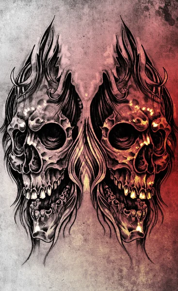 Sketch of tattoo art, skull head illustration, over colorful pap