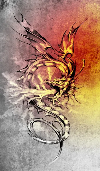 Bosquejo del arte del tatuaje, ilustración elegante del dragón sobre colorido —  Fotos de Stock