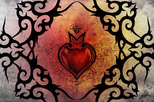 Sanat Tasarım, kırmızı kalp ile tribal tattoo — Stok fotoğraf
