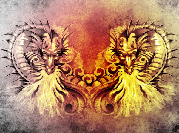 Schets van de tatoeage kunst, fantasie middeleeuwse draken hart — Stockfoto