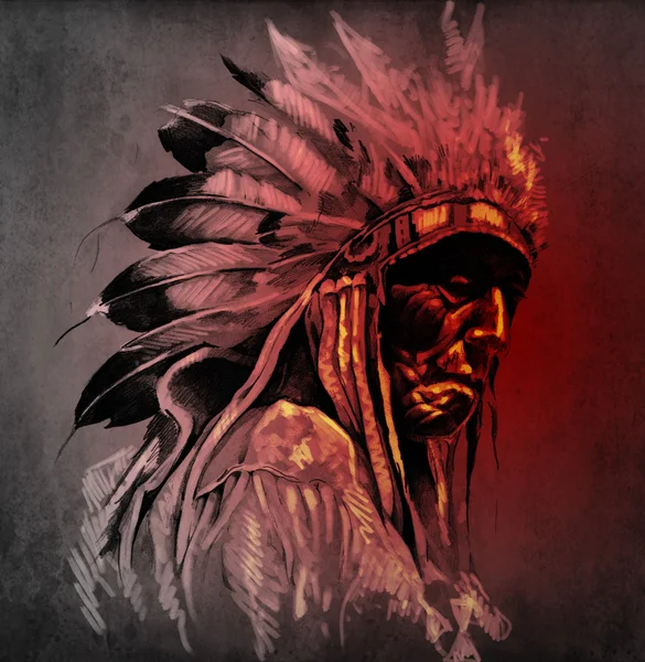 Tatuaggio arte, ritratto della testa indiana americana sopra backgroun scuro — Foto Stock