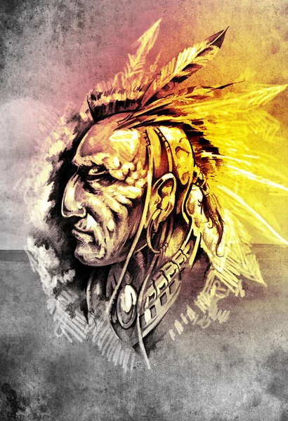 Рисунок татуировки, голова индейца на фоне поля. — стоковое фото