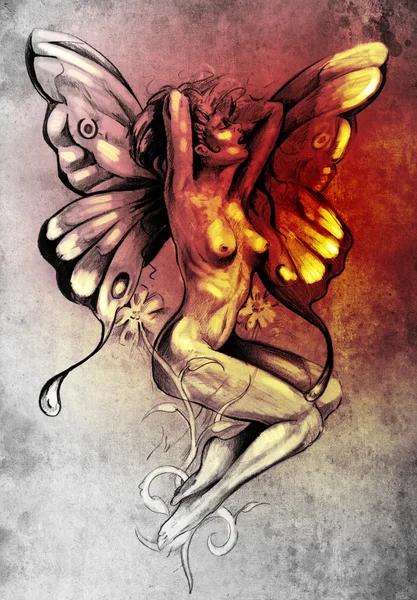 Nude fairy. Fantasy sketch of tattoo art, naked woman figure — Stock Photo, Image