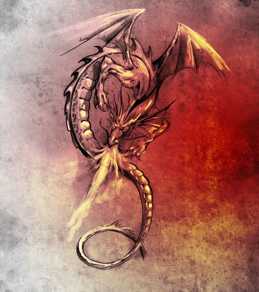 Dragão de fantasia. Desenho da arte da tatuagem, monstro medieval — Fotografia de Stock
