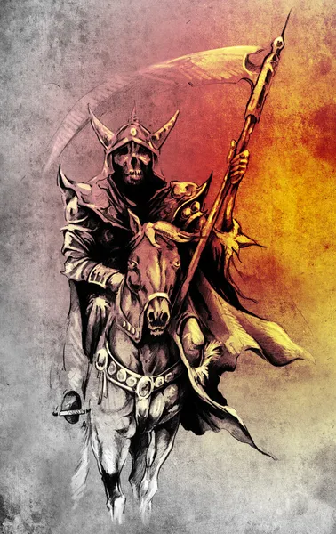 A morte. Desenho da arte da tatuagem, guerreiro a cavalo ilustração — Fotografia de Stock