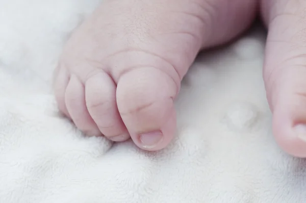 Ayrıntı yenidoğan ayakları üzerinde yumuşak beyaz battaniye — Stok fotoğraf