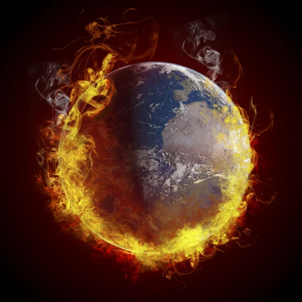 Globális felmelegedés koncepció. Föld bolygó égő, tűz — Stock Fotó