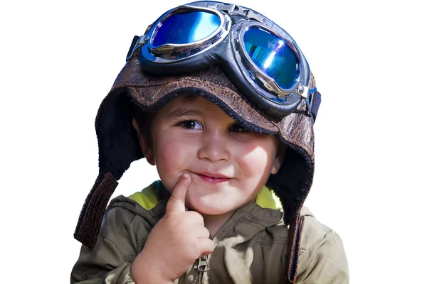 Dziecko pilotem wielki kapelusz i okulary, na białym tle. — Zdjęcie stockowe