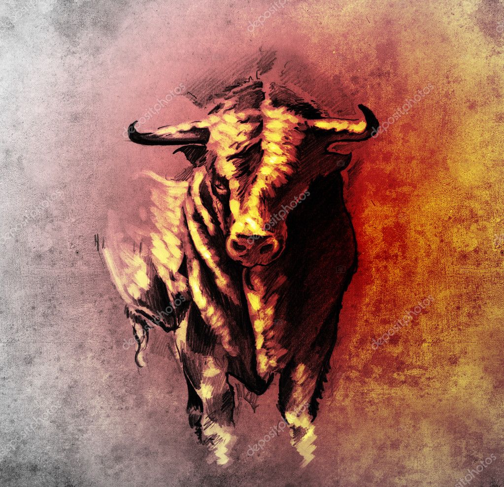 Sketch of tattoo art, spanish bull, dangerous bull with beaked h - Stock Ph...
