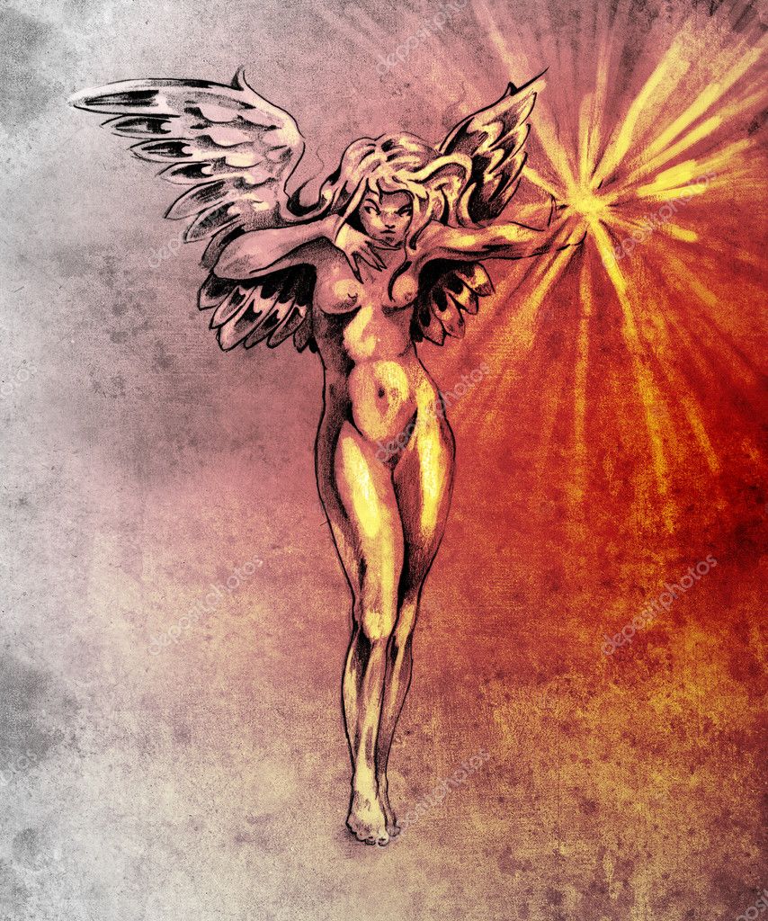 Sketch of tattoo art, fairy angel, nude woman over colorful pape Stock  Illustration by ©outsiderzone #10686406