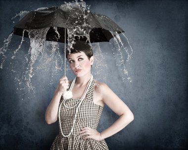 Pin-up girl with umbrella under water splash clipart