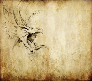 Tattoo art, sketch of a dragon over vintage background clipart