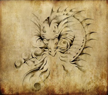 Tattoo art, sketch of a dragon over dirty background clipart