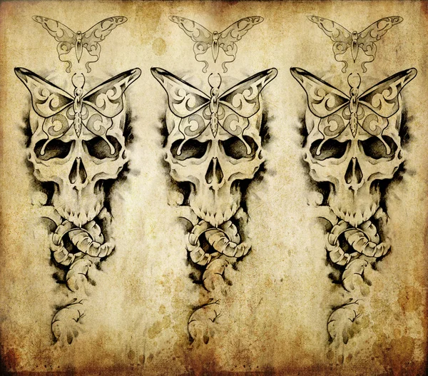 Arte del tatuaje, boceto de una muerte sobre papel viejo — Foto de Stock