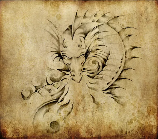 Arte del tatuaje, boceto de un dragón sobre fondo sucio — Foto de Stock