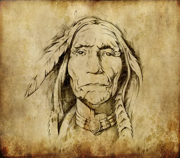 Татуировка, набросок головы индейца — стоковое фото