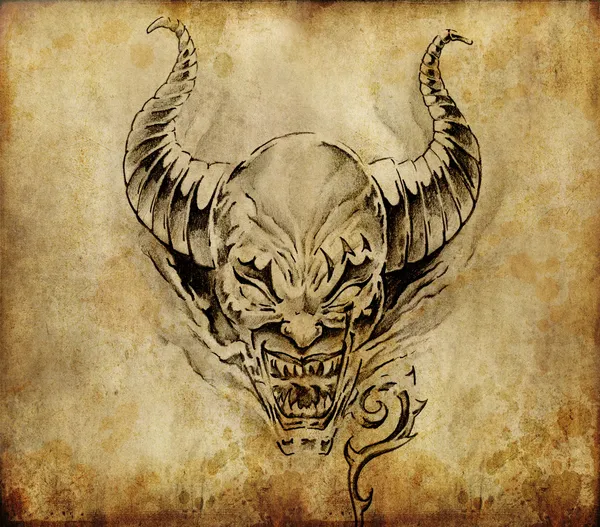 Тату-арт, эскиз дьявола на старинном фоне — стоковое фото