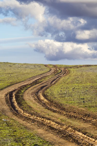 Загородная дорога с грязью, колючками — стоковое фото