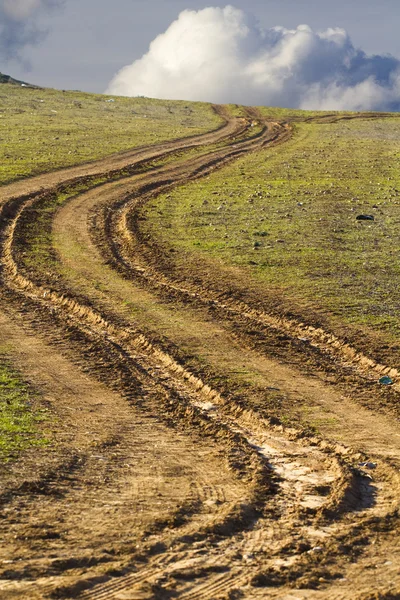 Загородная дорога с грязью, колючками — стоковое фото