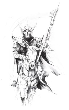 Sketch of tattoo art, death at horse clipart