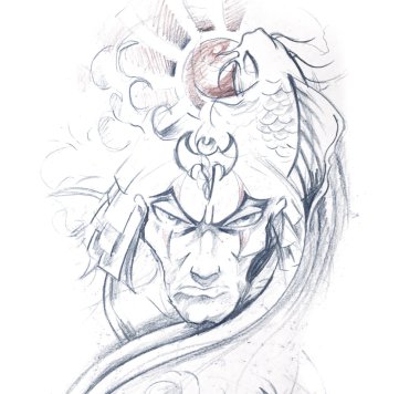 Tattoo art, sketch of a japanese warrior clipart