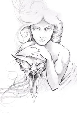 Tattoo art, sketch of a woman with mask clipart