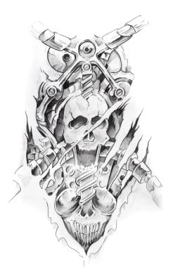 Tattoo art, sketch of a machine and skull clipart