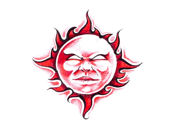 Σκίτσο της τέχνης τατουάζ, ήλιο με πρόσωπο — Φωτογραφία Αρχείου
