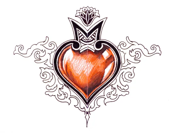 Szkic sztuka tatuaż, kolorze, serce — Zdjęcie stockowe