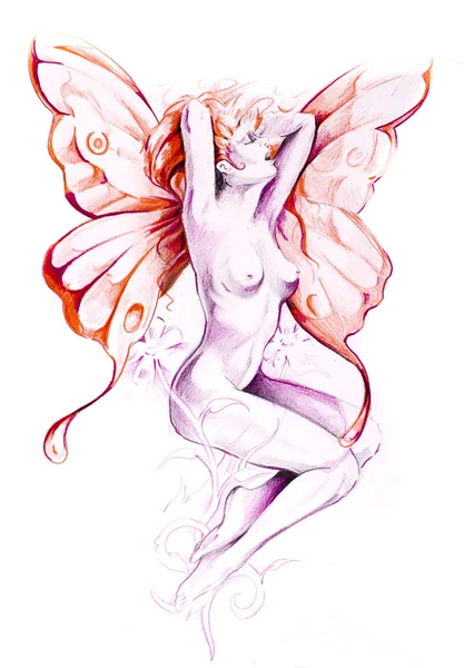タトゥー アート、裸の妖精のスケッチ — ストック写真