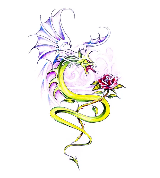 Esboço de arte da tatuagem, dragão e rosa — Fotografia de Stock