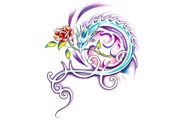 Skiss av tatuering konst, dragon med ros — Stockfoto