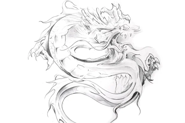 Tattoo art, Skica orientální drak — Stock fotografie