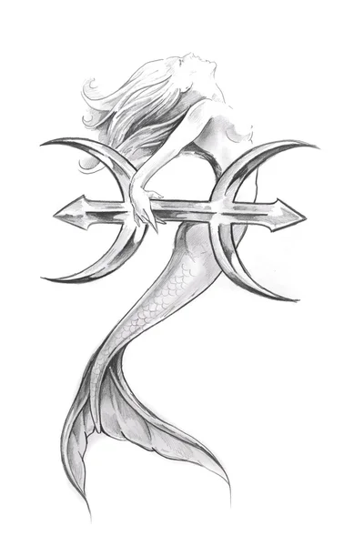 Tatuagem arte, esboço de uma sereia, Peixes — Fotografia de Stock
