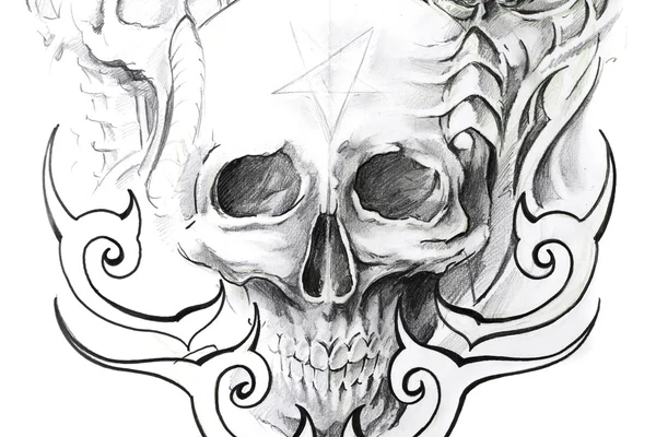 Tatuering konst, skiss av en svart skalle — Stockfoto