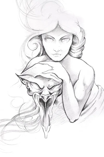 Arte del tatuaje, boceto de una mujer con máscara —  Fotos de Stock