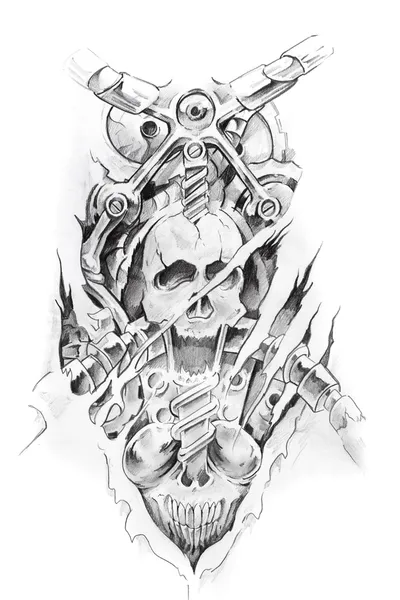 Arte del tatuaje, boceto de una máquina y cráneo — Foto de Stock