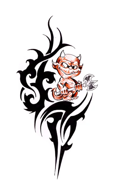 Tatuagem arte, esboço de um tribal e pequeno diabo — Fotografia de Stock