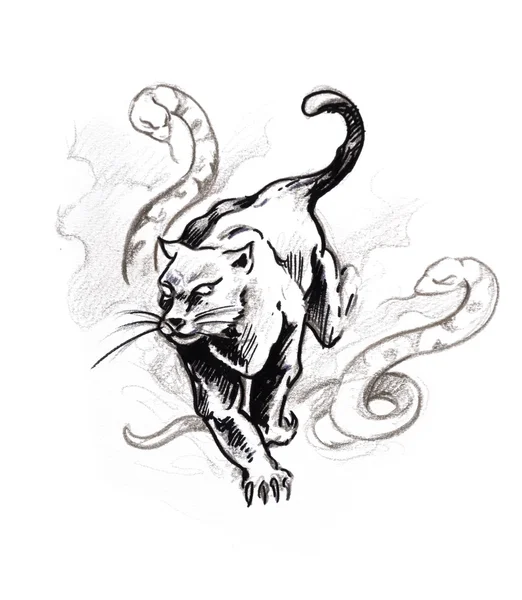 Tattoo art, Skica panther — Stock fotografie
