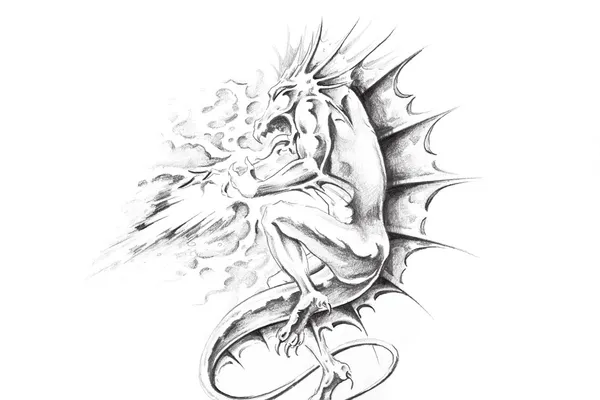 Tätowierkunst, Skizze eines Drachen — Stockfoto