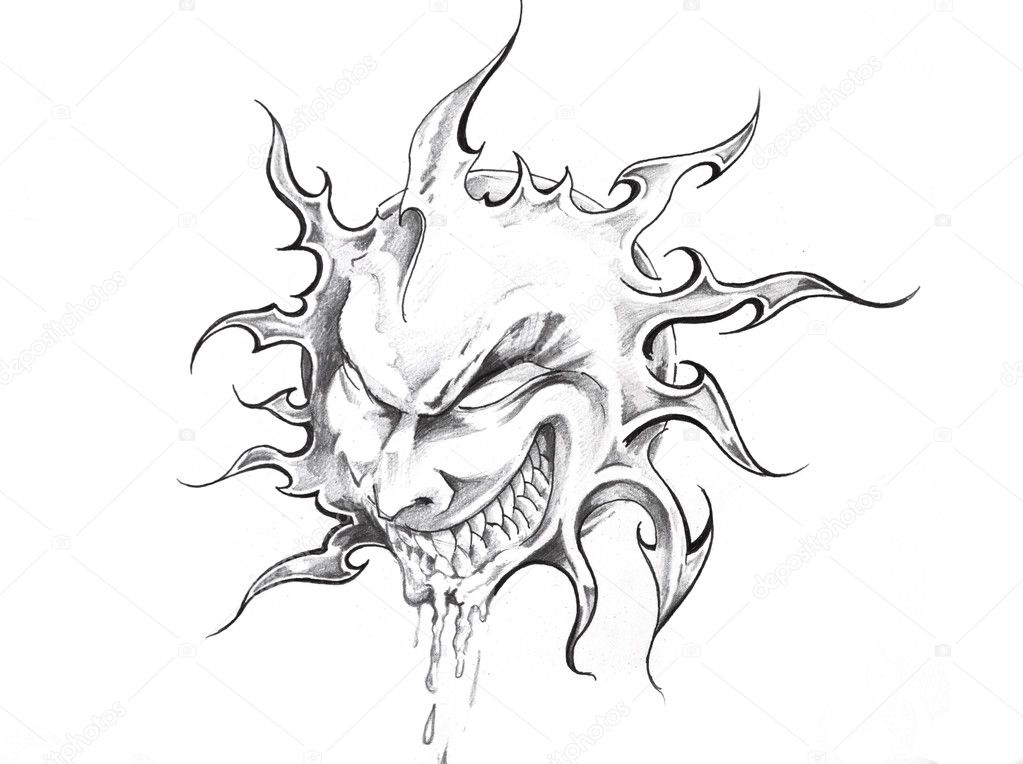 Sketch of tattoo art, sun with face
