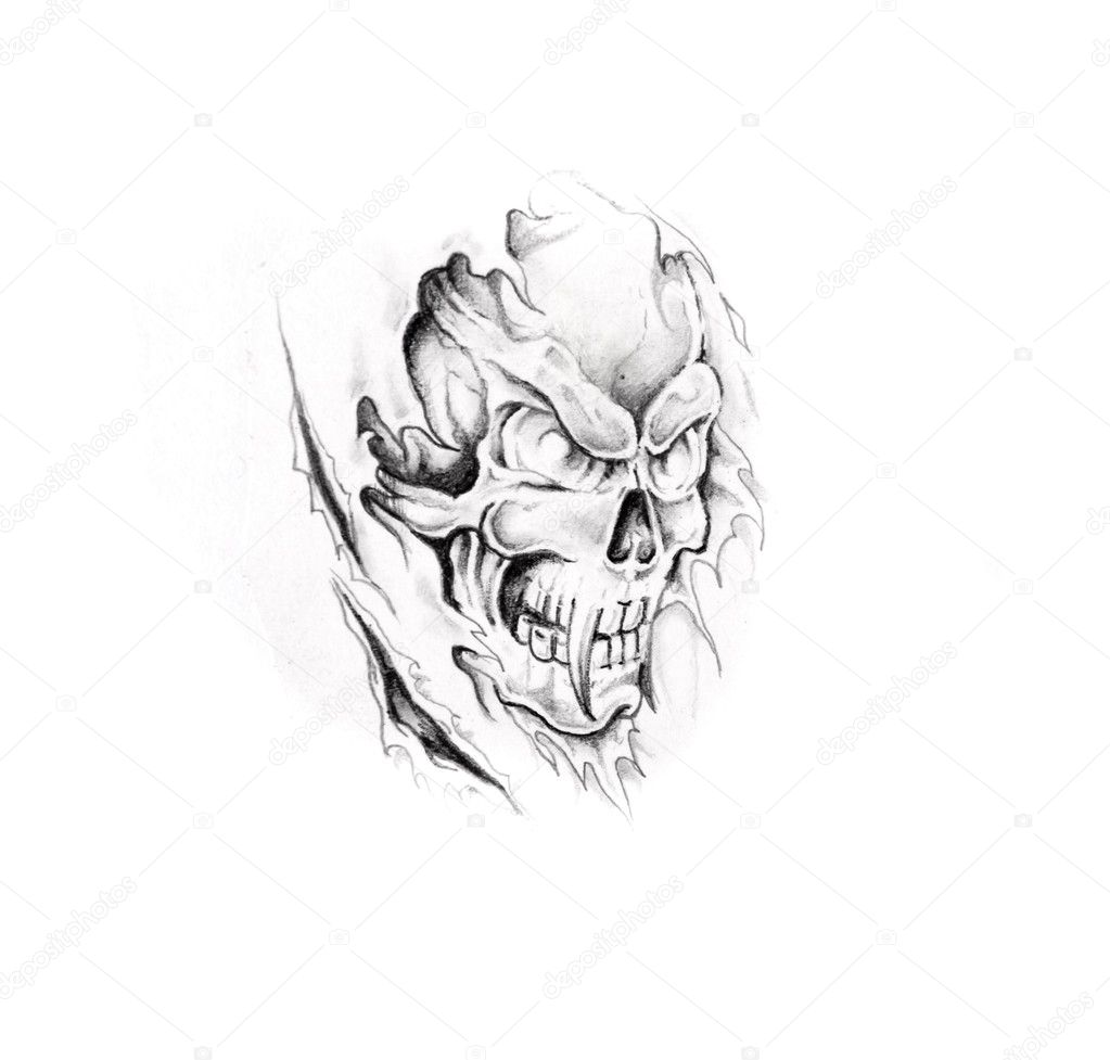 Sketch of tattoo art, monster, skull