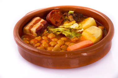 Madrid stew on earthenware pot, spanish food clipart