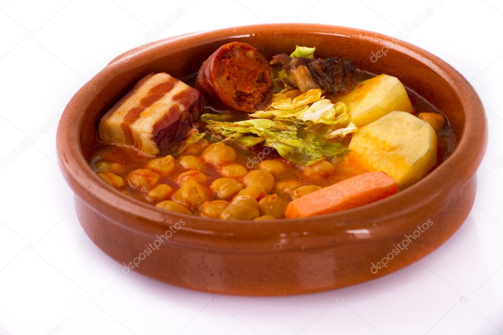 Madrid stew on earthenware pot, spanish food