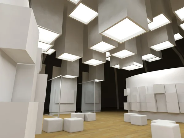 Galleria d'arte con cornici bianche, edificio moderno, archi concettuali — Foto Stock