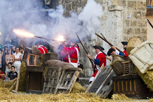 Soldados disparando durante a reconstituição da Guerra de Sucessão — Fotografia de Stock