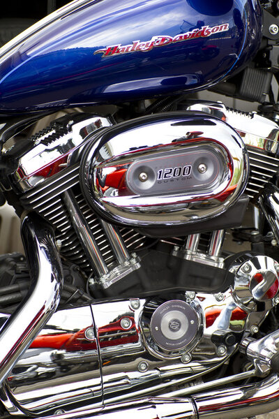 Closeup of a big chromium motorcycle engine