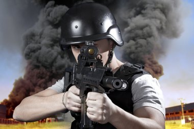 Person, explosion in an industry, armed police wearing bulletpro clipart