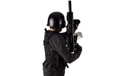 Airport security, Armed policeman shooting, isolated on white clipart